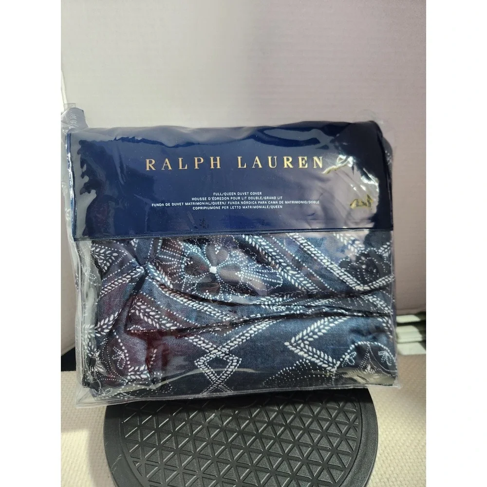 Ralph Lauren Full/Queen Duvet Cover Francois Navy Blue 100% Cotton 92x96  Luxury